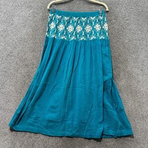 VTG 90s Styleworks Blue Cotton Gauze Embroidered Midi Skirt Womens M USA Made